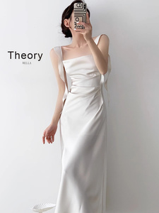 高端奢侈品 白色缎面高级感吊带连衣裙女夏季长裙伴娘服小礼服