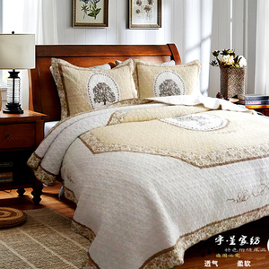 微瑕大尺寸发财树高档绣花优质纯棉水洗绗缝被三件套床盖床单床罩