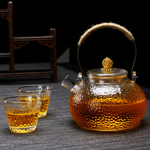 日式玻璃壶锤纹煮茶壶电陶炉专用烧水壶铜把提梁壶玻璃茶具短嘴