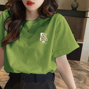 纯棉夏季果绿色短袖t恤女2024新韩版简约熊标志宽松显瘦百搭上衣
