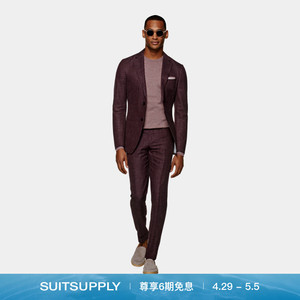 夏季SUITSUPPLY紫色羊毛丝绸亚麻混纺修身单排扣修身男士西装套装