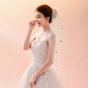 新款韩式简约短款新娘结婚旅游拍照彩色球大网格硬纱菱形网眼头纱