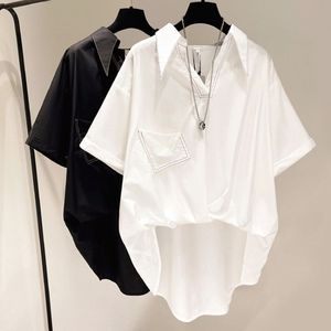 不规则白色短袖衬衫女装2024夏季新款大码胖MM宽松设计感小众衬衣