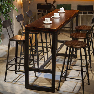 美式铁艺实木家用吧台桌订制奶茶店靠墙长条酒吧复古高脚桌椅组合