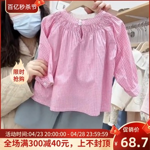 女童衬衫2024春季韩版女宝宝春装上衣儿童田园风清新格子长袖衬衣