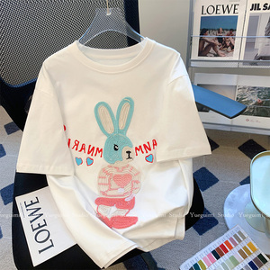 刺绣兔子纯棉短袖t恤女2024新款夏季设计感小众宽松小个子上衣ins