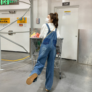 蓝色牛仔背带裤女春秋2024年新款韩版洋气减龄小个子阔腿吊带长裤
