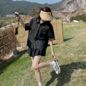黑色薄款牛仔套装裙女夏季2024新款韩版宽松小个子衬衫短裙两件套