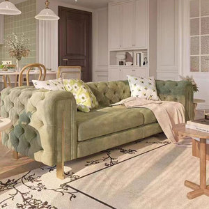 美式轻奢拉扣丝绒直排乳胶沙发简约现代小户型客厅网红法式奶油风
