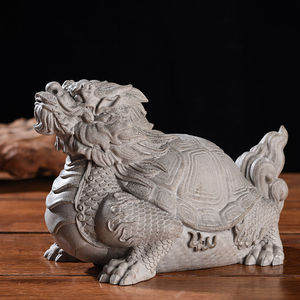 中式招财龙龟鱼缸造景装饰品创意青砂石书房桌面瑞兽玄武石雕摆件