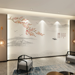 新中式满庭芳花鸟壁布山水刺绣硬包背景墙纸壁纸客厅沙发装饰壁画