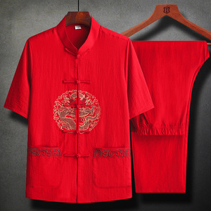 大红色本命年衣服男士刺绣龙纹唐装棉麻套装夏季中国风男装短袖薄