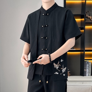 改良新中式短袖唐装男士假两件衬衫中国风套装男装中山装潮流青年