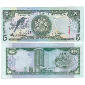 全新UNC 特立尼达和多巴哥5元纸币 蓝顶翠鸟 2002年 P-42b