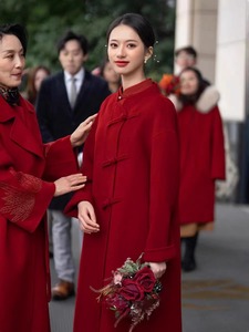 红色双面羊绒大衣女2023新款中式结婚新娘中长款敬酒服羊毛呢外套