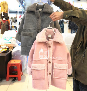 现货韩国进口童装冬装新款 男童女童毛绒单排扣毛呢外套
