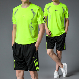 荧光绿三条杠运动套装男士夏季健身衣冰丝短袖t恤半袖速干篮球服