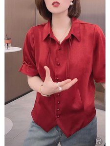 2024夏季新款短袖衬衫女时尚洋气宽松遮肉显瘦天丝棉麻红色上衣