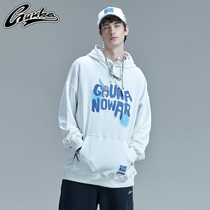 GUUKA&SANK联名白色加绒卫衣男连帽嘻哈潮牌logo印花运动帽衫宽松