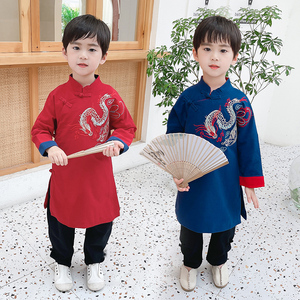 男童唐装中国风秋冬季红色古装长袍外套中式小童公子衣服儿童汉服