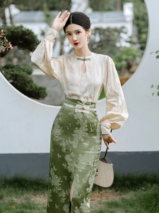 新中式国风复古改良盘扣衬衫旗袍女长袖提花上衣法式半身裙两件套