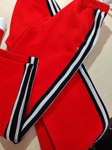 2022红色拼藏蓝加2白条纯棉罗马中小学生运动校服裤子
