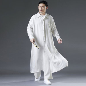 中国风男士盘扣唐装中式长袍雪纺长衫中长款披风衣复古禅修居士服