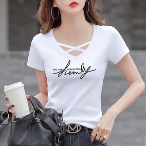 白色修身纯棉设计感交叉v领短袖t恤女夏季新款2024时尚显瘦上衣潮