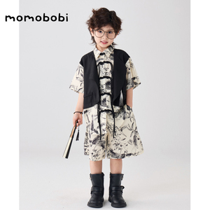 momobobi自制儿童新中式套装国风假两件流苏短袖衬衫个性上衣短裤