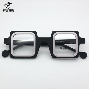 黑白撞色正方形小众眼镜框日系复古板材粗框手工眼镜架小脸配近视