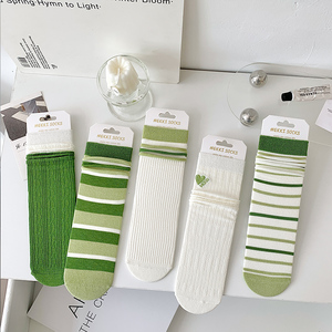 绿色袜子女春秋款条纹长袜日系白色夏季薄款女生潮ins堆堆中筒袜