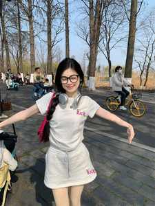 学院风纯棉运动套装女学生夏季韩版休闲宽松显瘦短袖短裙两件套潮