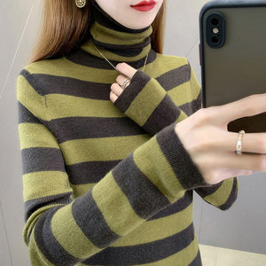 韩国高领打底衫女冬季加绒加厚洋气内搭修身针织衫堆堆领条纹毛衣