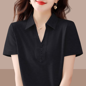 韩国纯棉正肩翻领短袖t恤女2024夏季新款纯色洋气设计感小众上衣