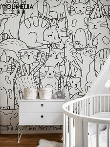 北欧猫咪壁纸家用儿童房墙纸定制壁布男孩女孩卧室无纺布无缝墙布
