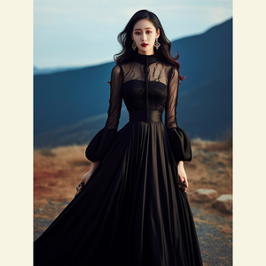 夏季高端精致年会晚礼服气质高级感风情万种宫廷风黑色蕾丝连衣裙