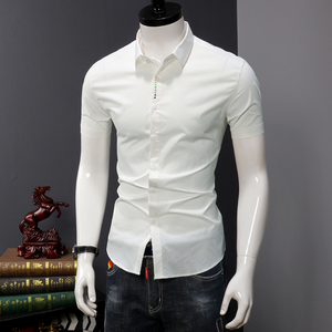 夏季衬衫男短袖修身潮流刺绣纯色商务寸衫青年休闲帅气男装白衬衣