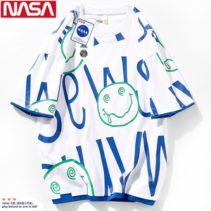 NASA潮牌联名小熊圆领纯棉短袖T桖短袖假两件男女情侣印花夏季潮