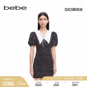 【经典延续】bebe2024夏季新款女士印花花边领泡泡袖连衣裙250029
