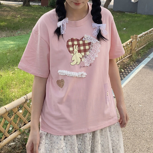 日系软妹风  可爱兔子印花蕾丝圆领短袖棉质T恤 少女夏季减龄Tee