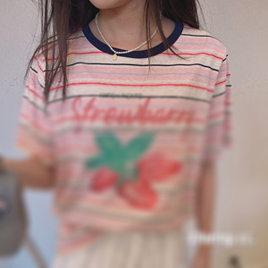 韩国女装。三色减龄显瘦粉色条纹全棉草莓花朵蘑菇印花短袖T恤