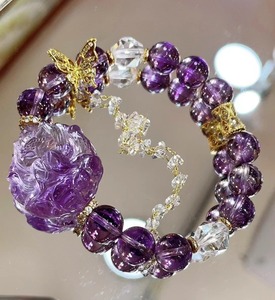 天然紫水晶九尾狐狐仙牌搭配白水晶激光切割diy设计款女款手链