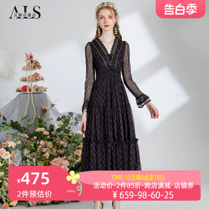 艾丽丝2024春季新款宫廷风法式连衣裙黑色蕾丝气质v领中长款裙子