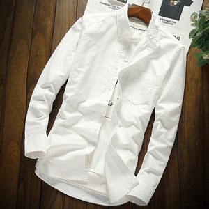男士长袖衬衫秋冬季韩版潮流外套白色衬衣青少年加绒加厚寸衫修身