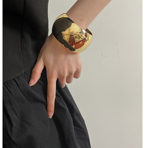 欧美重工合金宽版光面手镯个性夸张简约经典鼓形镜面镯子手环臂环