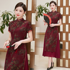新款夏季旗袍改良长款妈妈女红色日常新中式大码奥黛连衣裙假两件