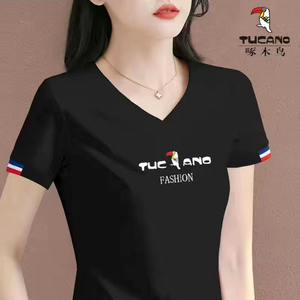 啄木鸟正品纯棉黑色短袖T恤女2023年夏季新款潮品牌高档v领体恤衫