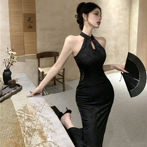 新中式改良黑色蕾丝旗袍连衣裙女夏国风高考送考包臀伴娘长裙礼服