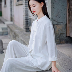 太极服 夏天棉麻上衣复古禅意茶服佛系衣服中式麻布女装仙气禅服