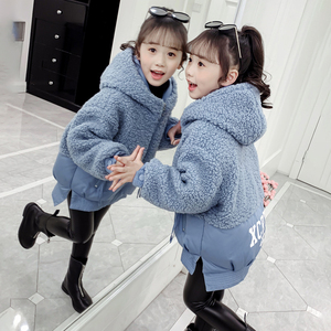 韩国女童保暖中长款连帽棉服秋冬款中大童夹棉外套羊羔毛加厚棉衣